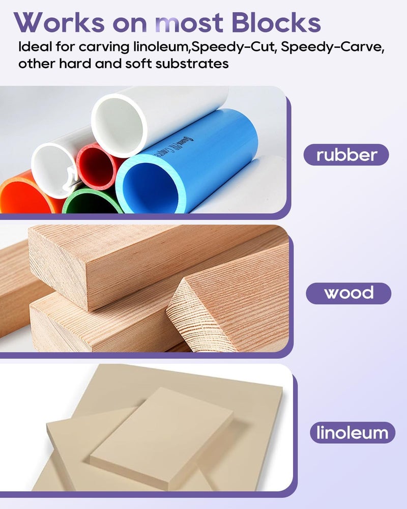 UCEC Linocut Carving Tools Linoleum Cutter Assortment for Block Printing Lino Cutting Tools for DIY Rubber Stamp Carving Kit & Beginners 6 Blades Universal Size Purple With A Brayer Roller(4 Inch) - Image 5